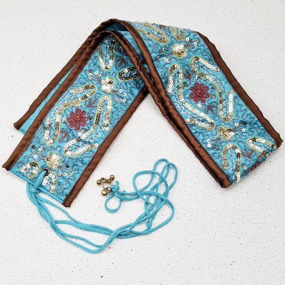 Blue and Brown Sequined Cloth Belt - Picture 1 of 6